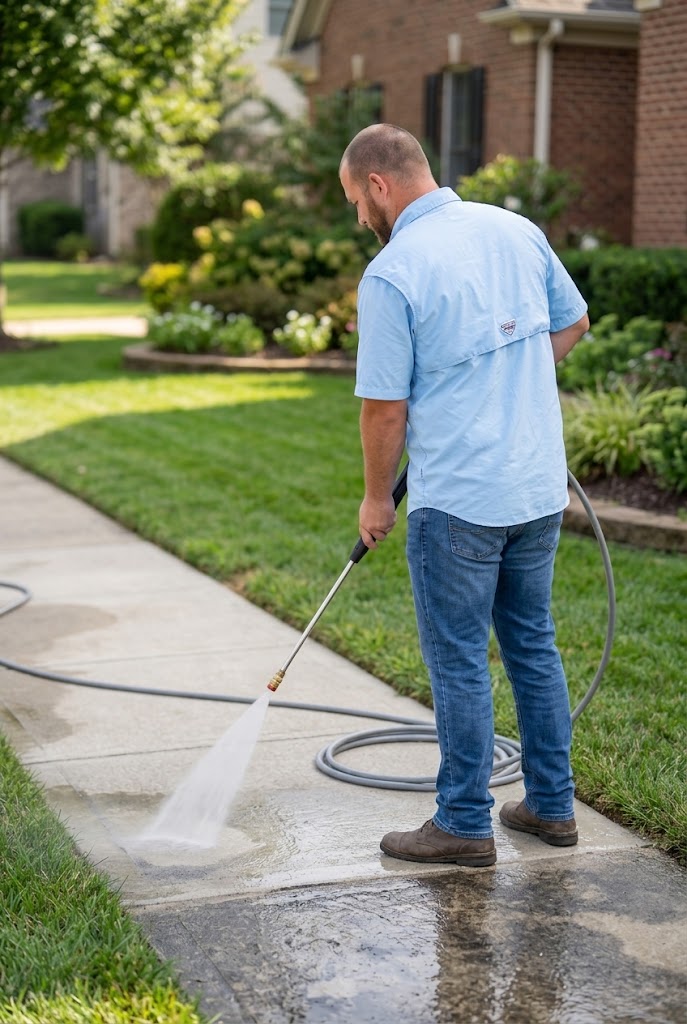 gemini sidewalk pressure washing Dirt and grime removal from concrete driveway during power washing.